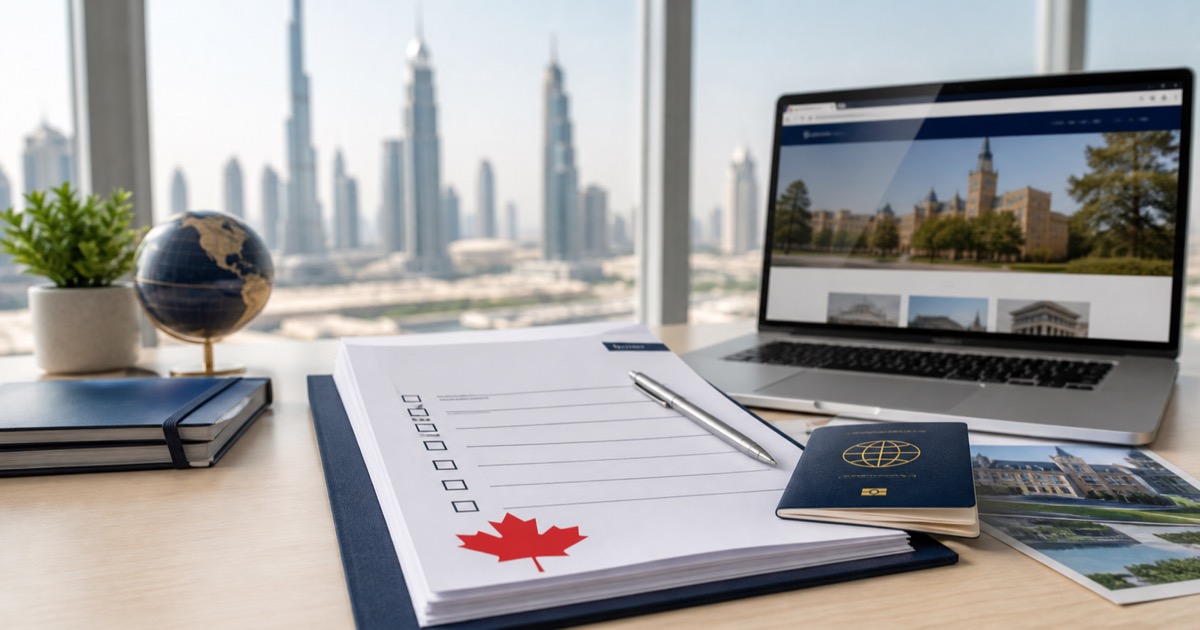 Dubai desk with Canadian study permit documents, passport and university planning checklist
