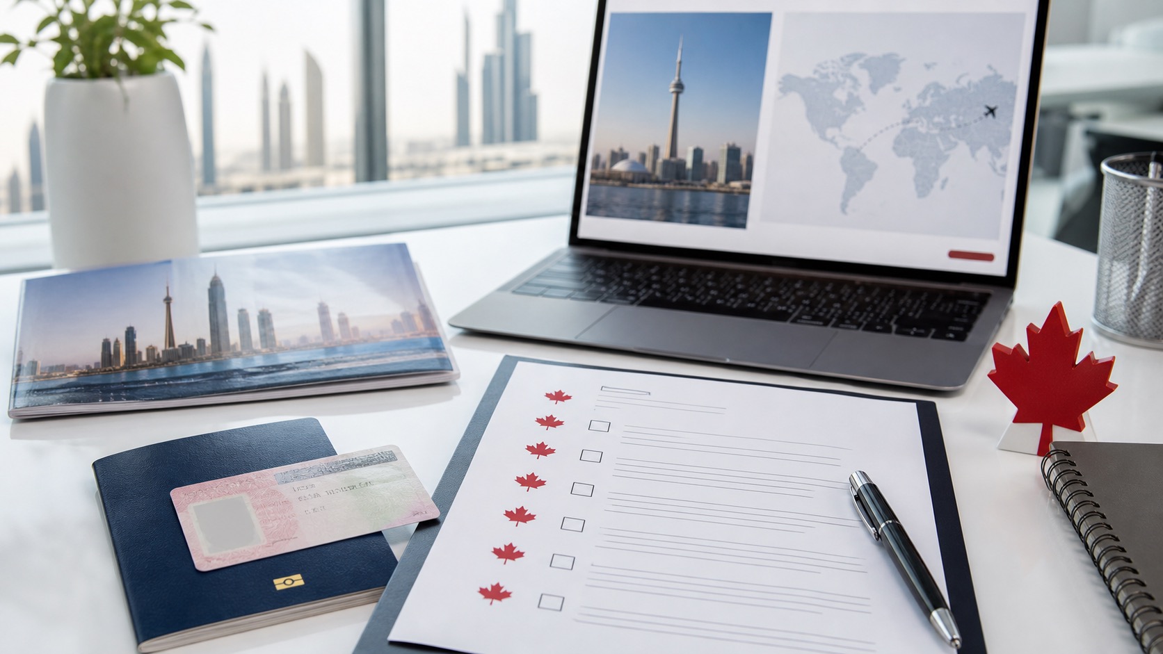 Dubai office desk with Canada visitor visa checklist, passport and travel-planning documents