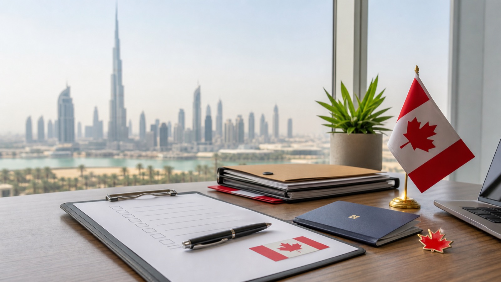 Dubai desk with Canada work permit checklist, passport and Canadian flag for consultant selection