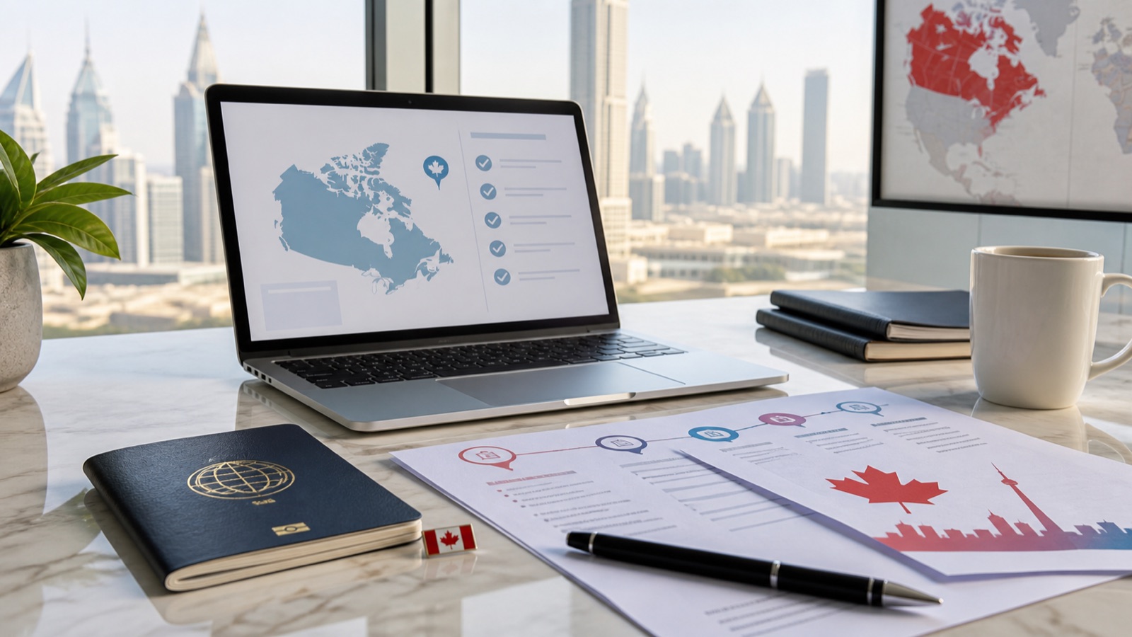 Dubai office desk with Canadian pathway comparison documents, passport and immigration planning checklist