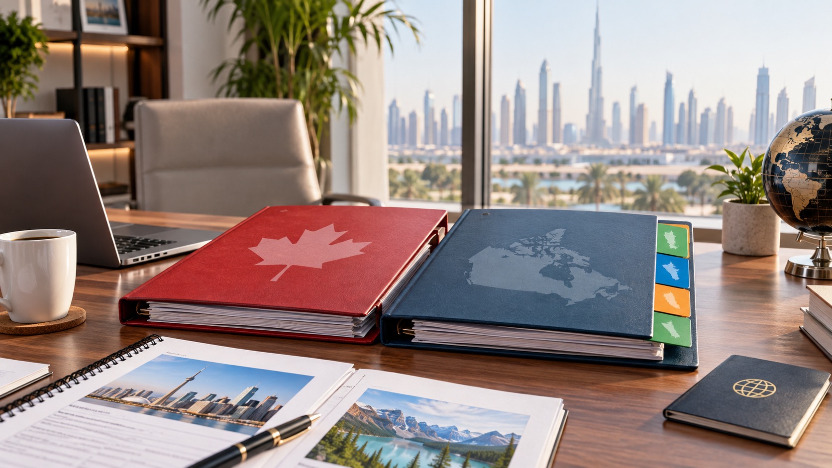 Dubai founder desk comparing Canada Start-Up Visa and provincial entrepreneur program folders