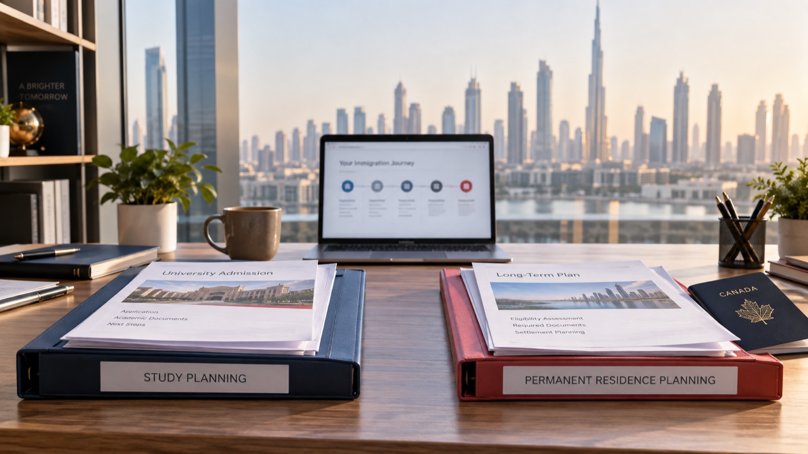Dubai office desk comparing Canada study permit planning and permanent residence planning folders