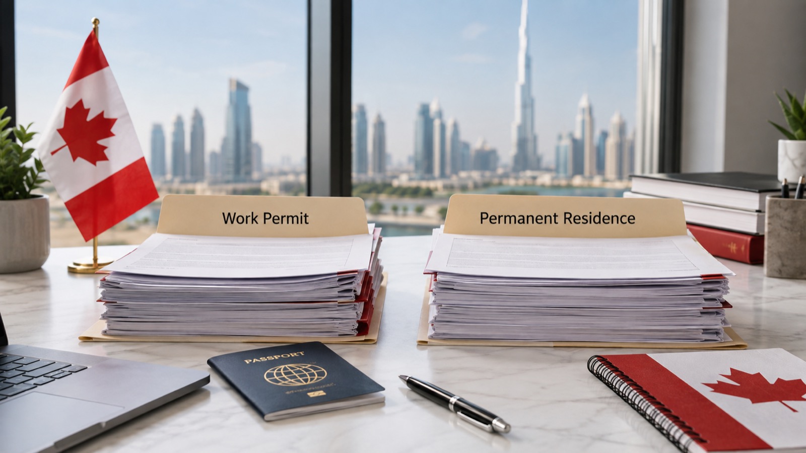 Dubai office desk comparing Canada work permit and permanent residence document folders