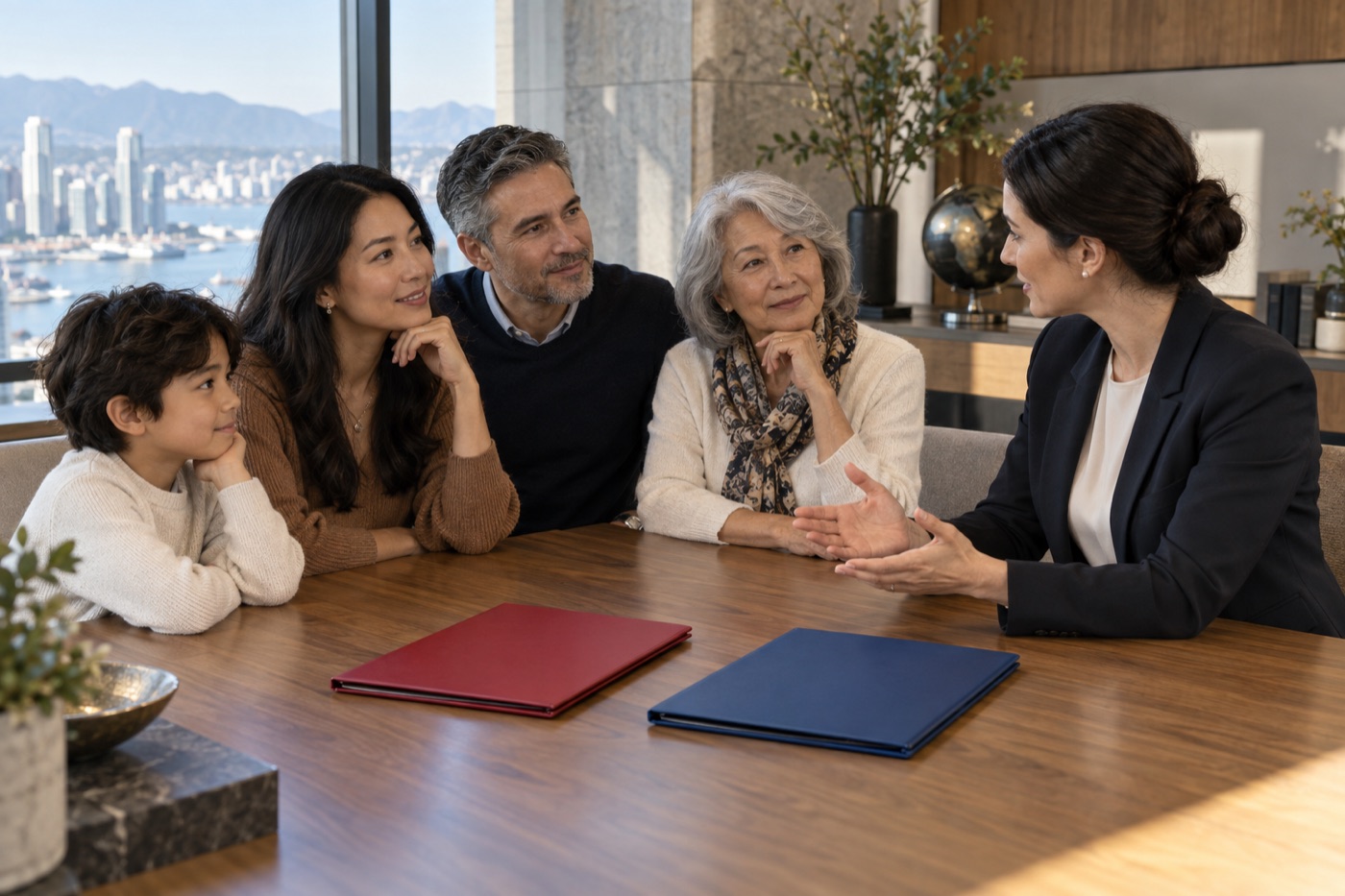 Global family discussing Canadian residence goals and a separate second-citizenship plan with an adviser