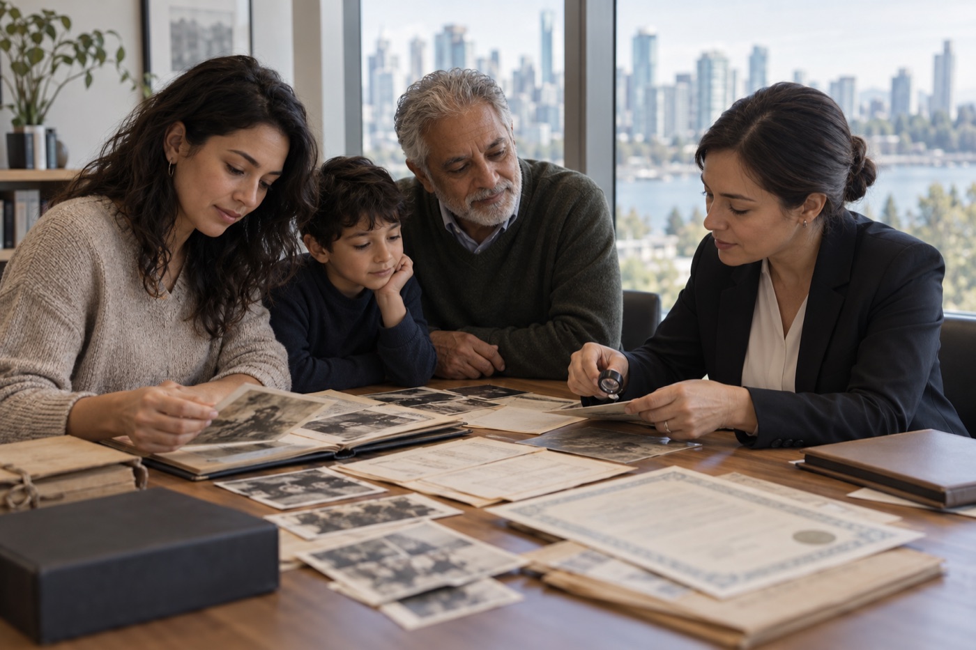 Family reviewing ancestry records during an evidence-led consultation with a Canadian city in the background