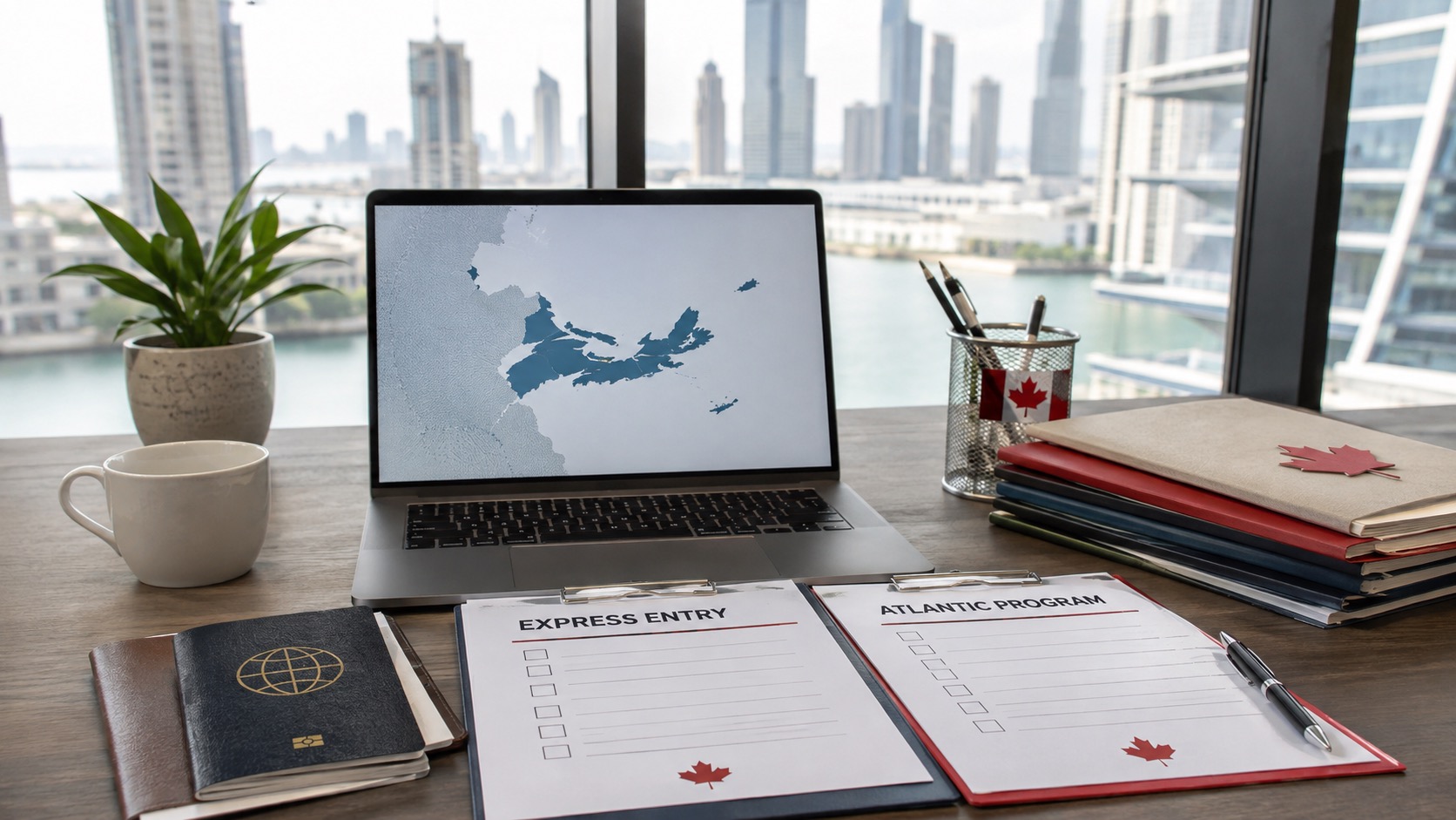 Dubai office desk comparing Canada Express Entry and Atlantic Immigration Program documents