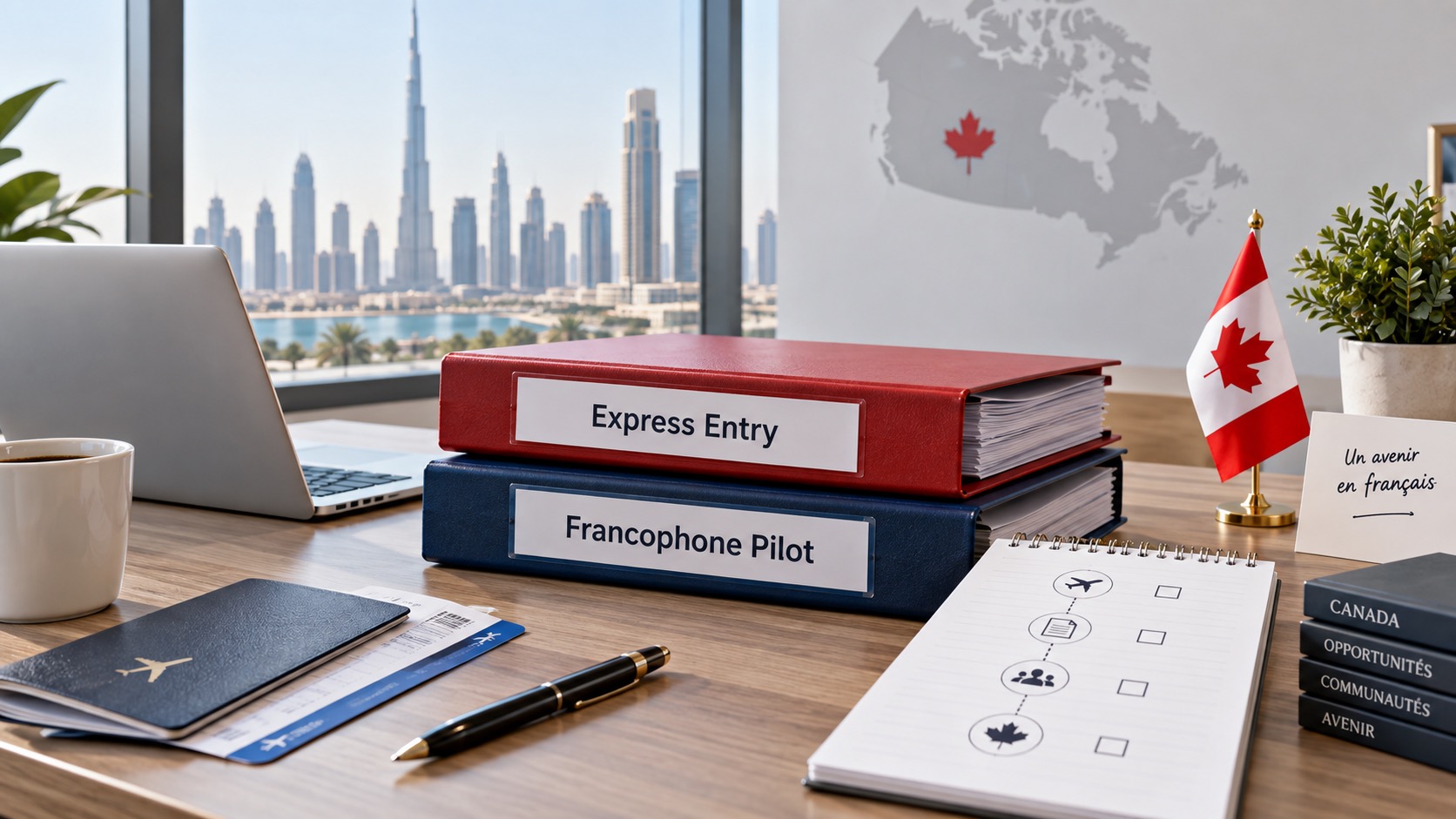Dubai office desk comparing Express Entry and Francophone Community Immigration Pilot folders with a Canada checklist