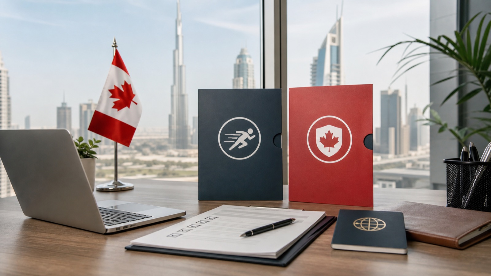 Dubai office desk comparing Canada Express Entry and Provincial Nominee Program documents