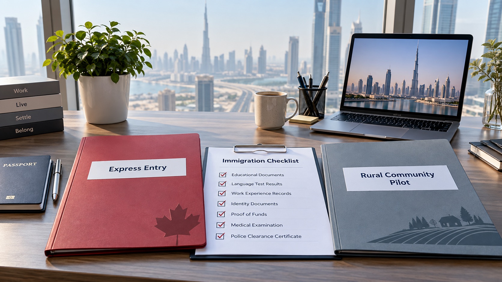 Dubai office desk comparing Express Entry and Rural Community Immigration Pilot folders with an immigration checklist