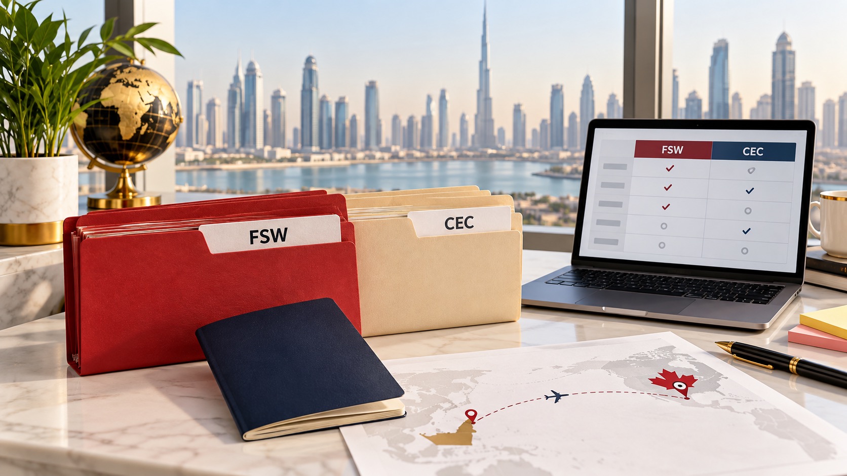 Dubai desk comparing Federal Skilled Worker and Canadian Experience Class folders for Canada Express Entry