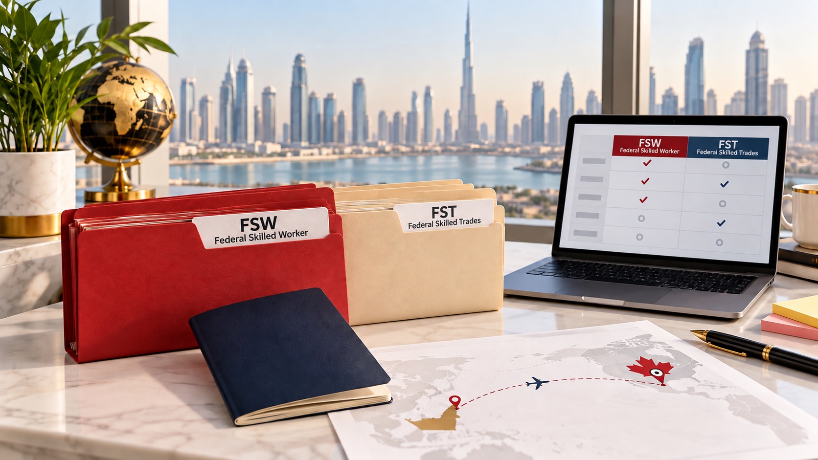 Dubai desk comparing Federal Skilled Worker and Federal Skilled Trades folders for Canada Express Entry