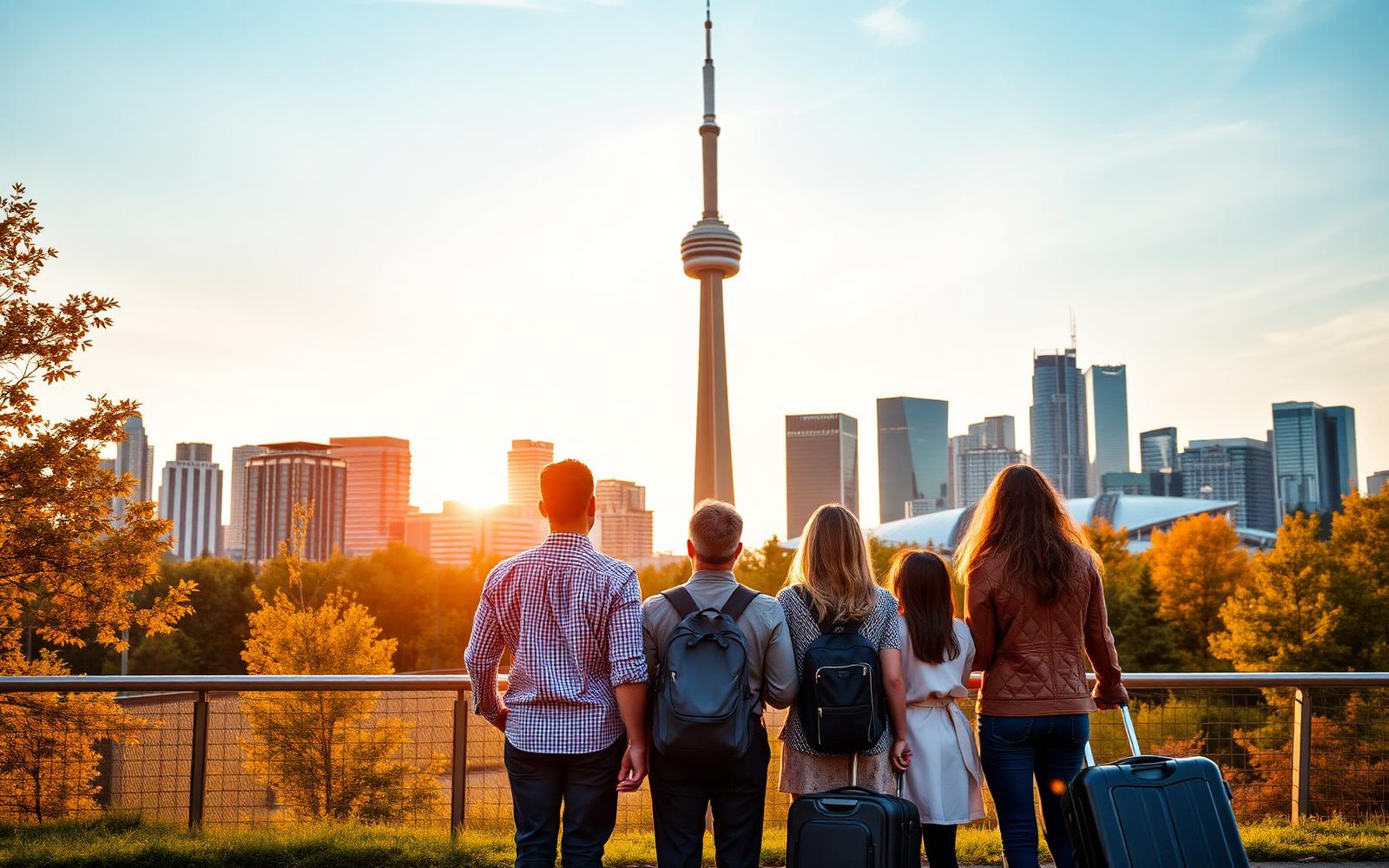 Family arriving in Canada with Toronto skyline at golden hour