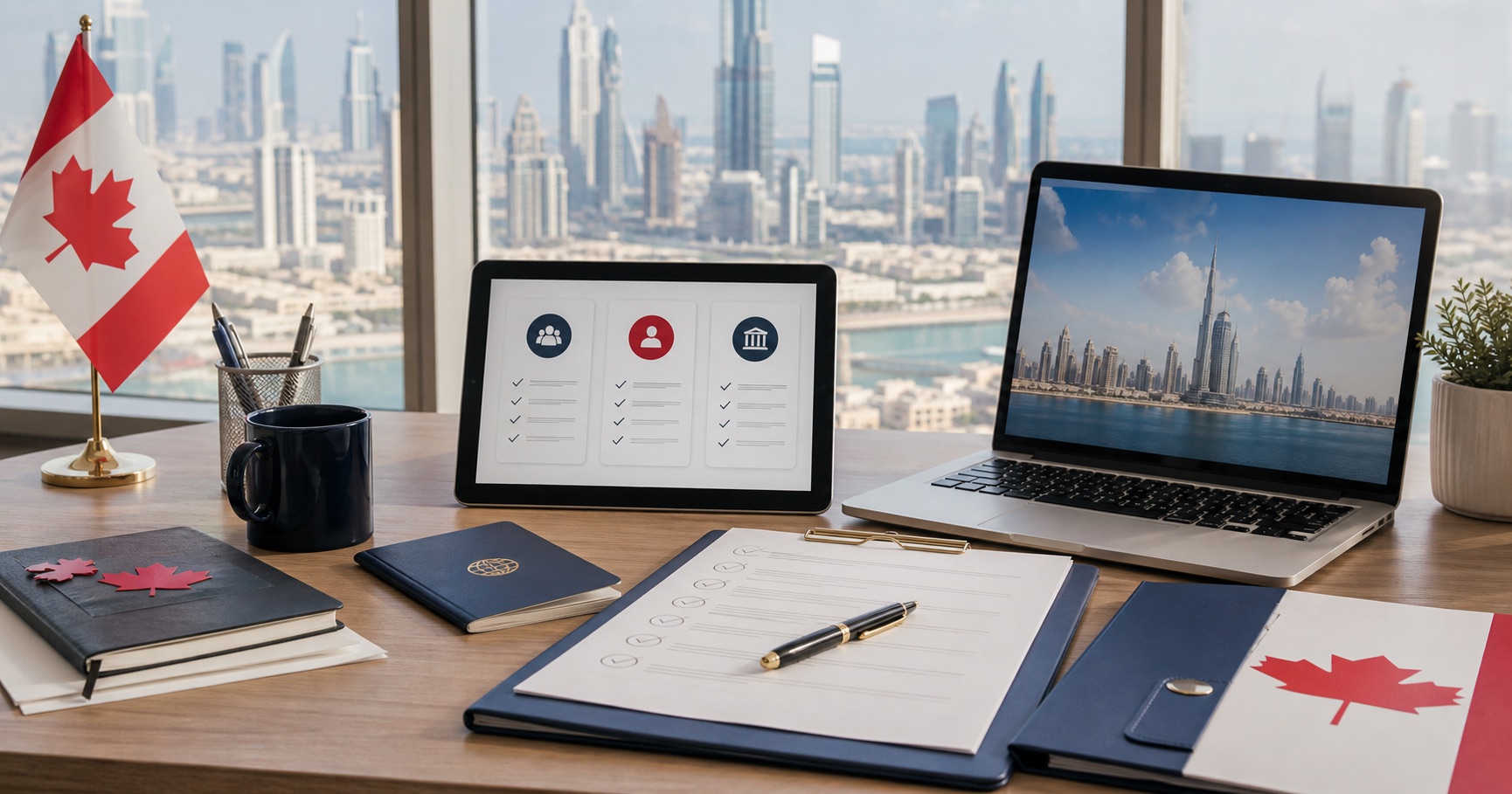Canada and Dubai immigration adviser alternatives compared on a desk with checklist, laptop and passport