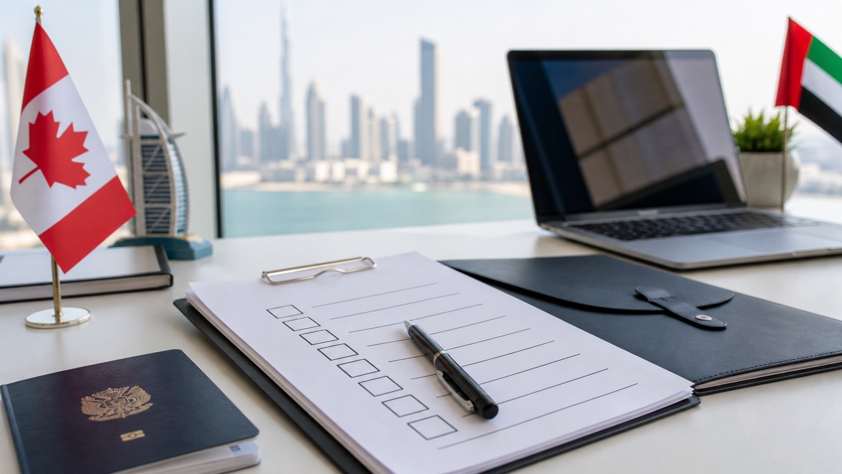Canada and UAE immigration review checklist on a Dubai office desk with passport, laptop and document folder